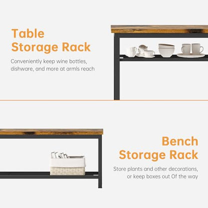 3-Piece Dining Table Set, Industrial Kitchen Table and Chairs Set for 4, Dining Table and 2 Benches with Storage Shelf, Dining Table Set for Dining Room Kitchen, Rustic Brown