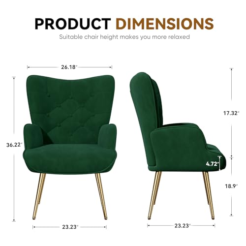 Mid Century Modern Velvet Accent Chair, Tufted Button High Back Chair, Upholstered Wingback Armchair with Metal Legs, High Back Side Chair for Living Room Bedroom, Green