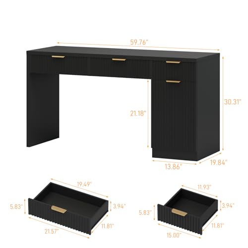 60" Executive Desk with Fluted Drawers, Fluted Desk, Black, view 3