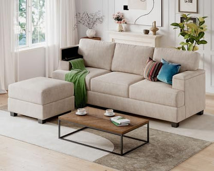 85'' L Shaped Couch with Armrest Organizer,3 Seats Sofas with Movable Ottoman,Comfy Sectional Sofa with Thick Cushion,Chenille Sectional Couches for Living Room,Bedroom,Apartment,Home Furniture,Khaki