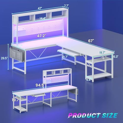 White L Shaped Gaming Desk with Hutch, Power Outlet and Pegboard, view 3