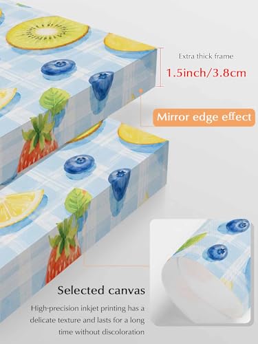 NuYeBiofx Summer Fruit Slices Peach Pattern Canvas Wall Art Prints,48"x32" Framed Picture Artwork Blue Gingham Backdrop Printed Canvas Oil Painting for Living Room Bedroom Office,Ready to Hang
