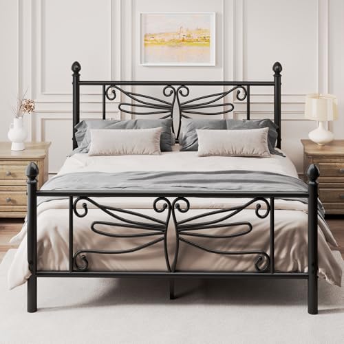 E-Ser Full Size Bed Frame, Metal Platform Bed with Dragonfly Pattern, Black, view 2