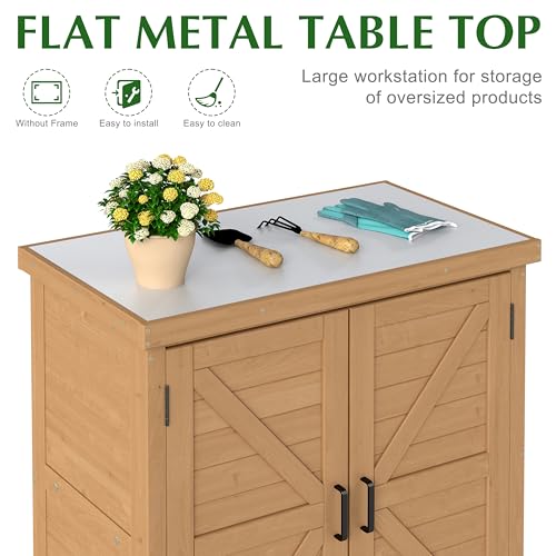 Outdoor Storage Cabinet & Potting Bench Table with Metal Top, Wooden Patio Furniture, Garden Workstation (Light Brwon, 36x31x17in)