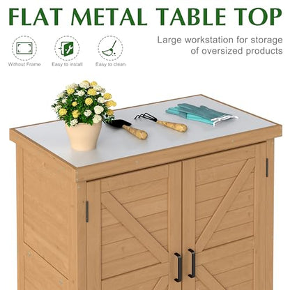 Outdoor Storage Cabinet & Potting Bench Table with Metal Top, Wooden Patio Furniture, Garden Workstation (Light Brwon, 36x31x17in)