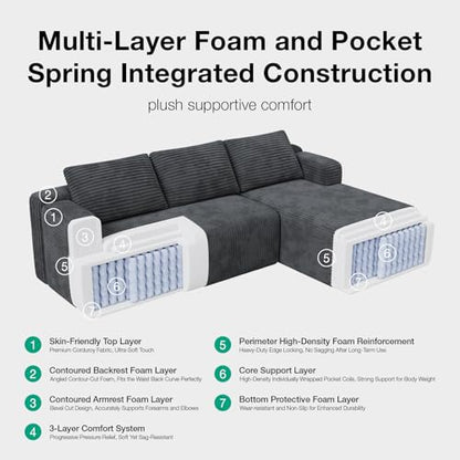 L-Shape Sectional Couches for Living Room with Smarts Coil® Support, 3 Seater Sectional Sofas for Living Room Bedroom, Corduroy Cloud Couch Sectional, No Assembly(Dark Grey, Right Hand Facing)