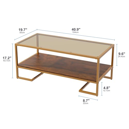 Coffee Table, 2 Tier Tempered Glass Coffee Table, Rectangle Modern Center Table with Metal Frame, Glass Accent Table Open Storage Shelf for Living Room, Office, Brown