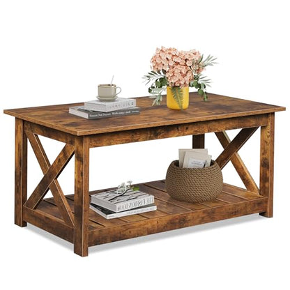 Farmhouse Coffee Table for Living Room, 40.1" Rustic Center Table with X-Frame Support & Storage Shelf, 2-Tier Wood Coffee Tables for Bedroom & Balcony, Rustic Brown