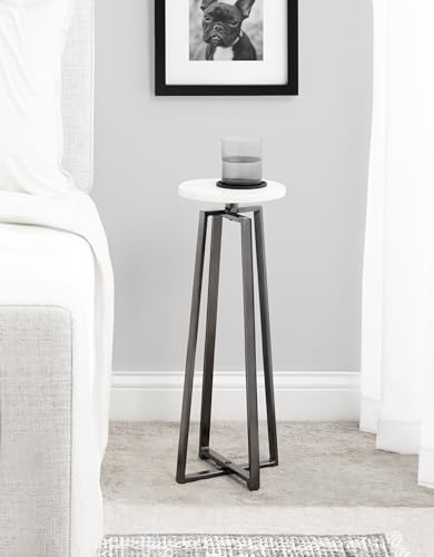 Zia Modern Marble Round Drink Table; 9 x 9 x 23; White and Gray Gunmetal; Decorative Pedestal Table for Living Room Display and Storage