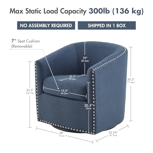 Swivel Barrel Accent Chair, Upholstered Curved Back with 7-Inch Thick Woven Cushion, 360° Swivel, Nailhead Trim, Comfy Chair for Living Room, Bedroom, Office, 28" Wide, Blue, Tyler