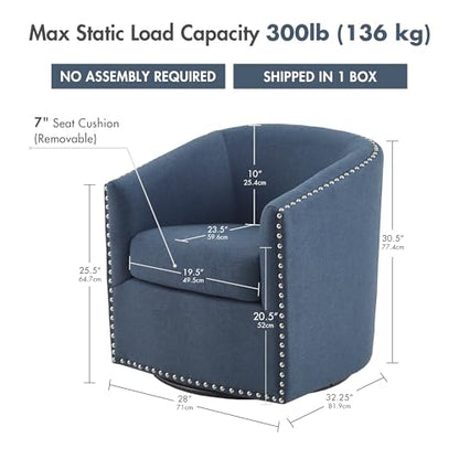 Swivel Barrel Accent Chair, Upholstered Curved Back with 7-Inch Thick Woven Cushion, 360° Swivel, Nailhead Trim, Comfy Chair for Living Room, Bedroom, Office, 28" Wide, Blue, Tyler