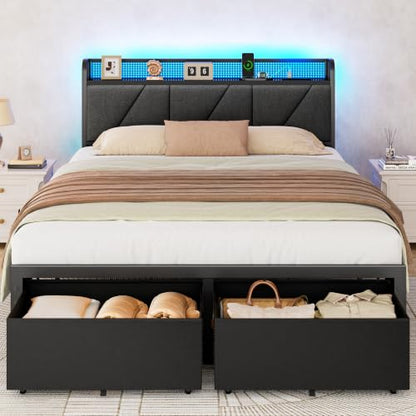 Queen Bed Frame with 2 Storage Drawers & Upholstered Headboard, view 2