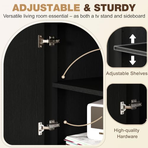 67" Arched Rattan Sideboard Buffet, 4 Door Adjustable Storage, Black, view 8