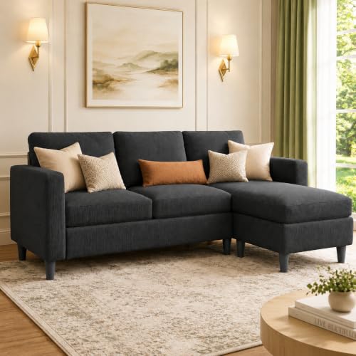 3-Seat Reversible Sectional Sofa with Convertible Ottoman, Modern Ribbed Fabric L-Shaped Couch for Living Room, Small Apartment & Office, Easy Tool-Free Assembly, Grey