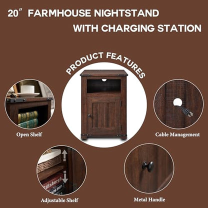 Nightstand with Charging Station, 20" Farmhouse End Table w/Groove Barn Door, Rustic Wood Sofa Side Bedside Table w/Open & Adjustable Shlef for Bedroom, Living Room, Brown