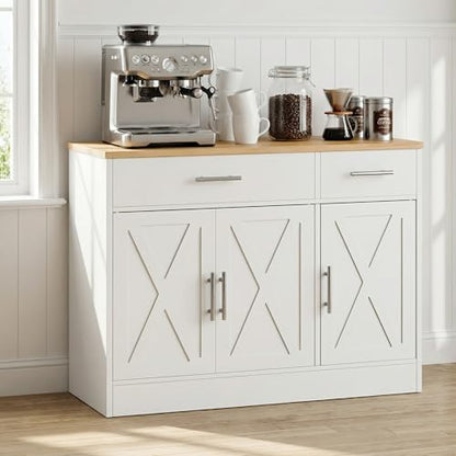 Sideboard Buffet Cabinet with Storage, Kitchen Storage Cabinet with 3 Doors and 2 Drawers, Farmhouse Coffee Bar with Adjustable Shelf for Living Room, White&Yellow