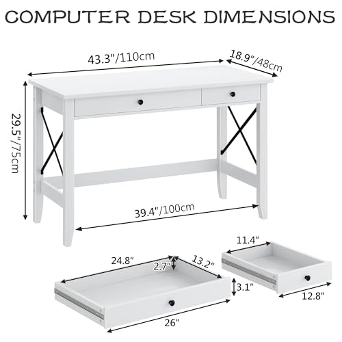 43.3 Inch White Computer Desk with 2 Drawers for Home Office Bedroom, view 3