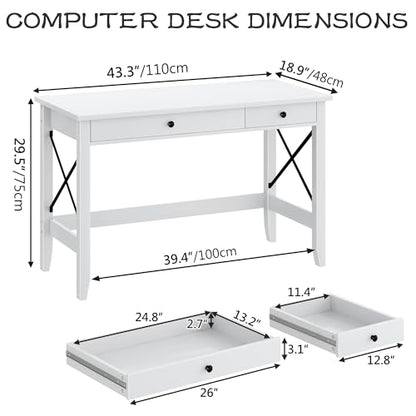 43.3 Inch White Computer Desk with 2 Drawers for Home Office Bedroom, view 3