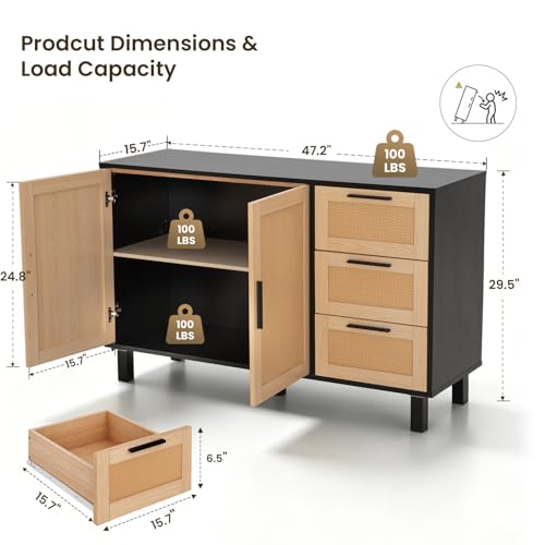 47.2-Inch Rattan Sideboard Buffet, 3 Drawers, 2 Doors, Black, view 3