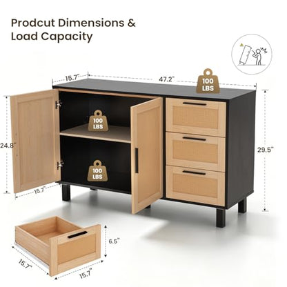 47.2-Inch Rattan Sideboard Buffet, 3 Drawers, 2 Doors, Black, view 3