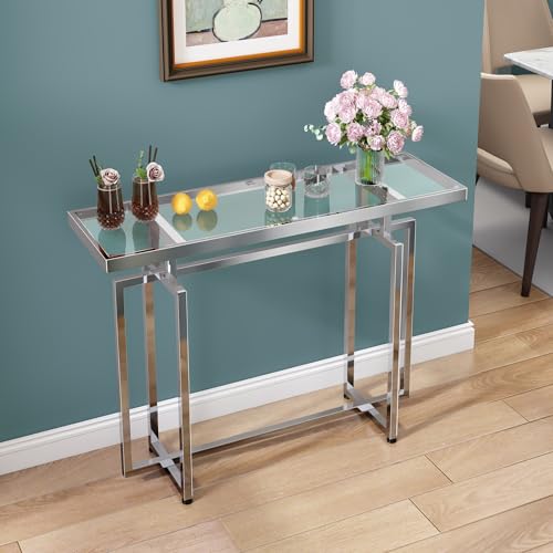 Glass Console Table for Entryway, Modern Entryway Table with Tempered Glass & Chrome Frame, Silver Sofa Table for Living Room Hallway