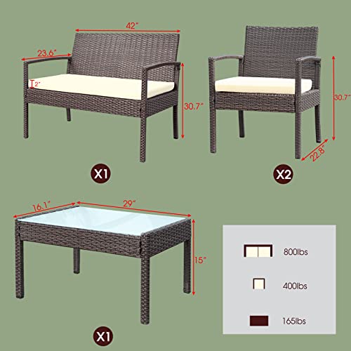 4 Piece Outdoor Patio Furniture Set, Rattan Patio Conversation Set | Thick Polyester Cushions, Tempered Coffee Table, Steel Frame Easy Assembly, Suit for Backyard Porch Poolside Balcony, Beige