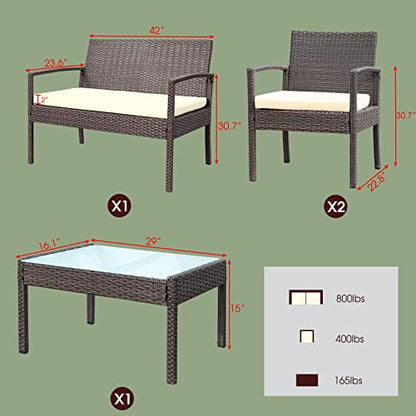 4 Piece Outdoor Patio Furniture Set, Rattan Patio Conversation Set | Thick Polyester Cushions, Tempered Coffee Table, Steel Frame Easy Assembly, Suit for Backyard Porch Poolside Balcony, Beige
