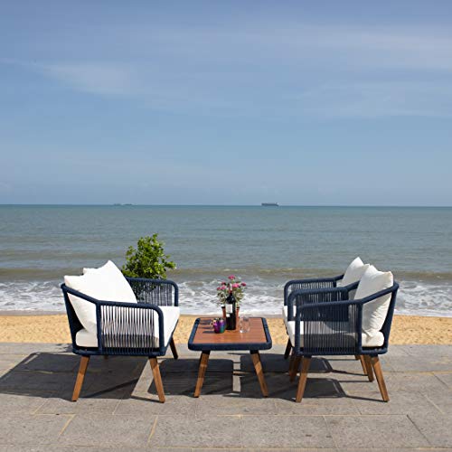 SAFAVIEH Outdoor - Raldin Navy Rope 4-Piece Patio Set, Eucalyptus Wood Conversation Set with Beige Cushions, Outdoor Sofa, Chairs & Coffee Table (PAT7049E)