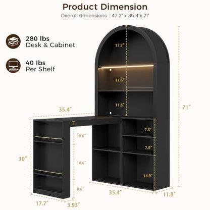 L Shaped Arched Desk with Hutch, Home Office Writing Desk (Black), view 3