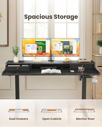 Electric Standing Desk with Drawers, 48″ x 24″ Gaming Table Compatible Monitor Stand, Stand up Desks, Home Office Height-Adjustable Desk with Storage Shelf, 4 Preset Heights, Black