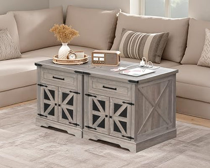 Farmhouse End Table with Charging Station, 24" Large Sofa Side Table with Drawer, Large End Table for Living Room, Wooden Nightstand with Outlet, Square, Greige