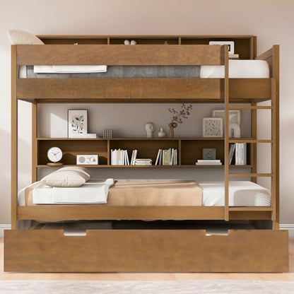 JIVOIT Full Over Full Bunk Bed with Pull-Out Trundle, Space-Saving Wood Bunk Bed Frame with Built-in Storage Shelves, Ladder, Modern Design, No Box Spring Required (Antique Wood/Full,9)