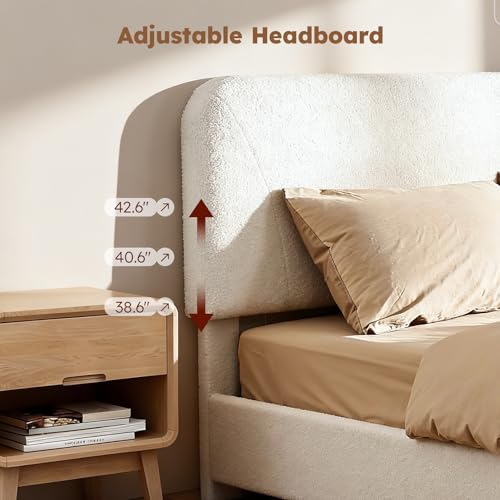 Full Size Cloud Bed Frame, Upholstered Boucle Bed Frame with Adjustable Headboard, Solid Wood Legs, Rounded Corners Design & Easy Assembly – Modern Platform Bed,Cream