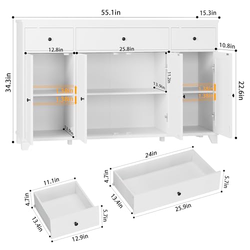 55" Kitchen Buffet Cabinet with Storage, Sideboard with Drawer, White, view 4