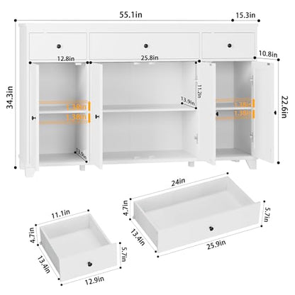 55" Kitchen Buffet Cabinet with Storage, Sideboard with Drawer, White, view 4