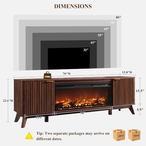 70" Fluted Fireplace TV Stand with 36" Electric Fireplace, Dark Walnut, view 3