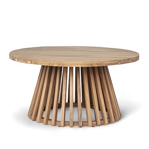 Hakee Acacia Wood Patio Coffee Table, Round Coffee Table with Unique Wooden Base, Stylish Indoor/Outdoor Table, Easy Assembly, 31.5" x 31.5" x 16", Light Teak