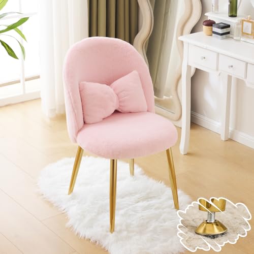Fluffy Girls Vanity Chair with Back & Pillow,Cute Small Cozy Desk Chair No Wheels,Comfy Makeup Ch with Ajustable Gold Legs,for Bedroom,Living Room,Small Space,Pink