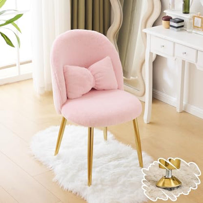 Fluffy Girls Vanity Chair with Back & Pillow,Cute Small Cozy Desk Chair No Wheels,Comfy Makeup Ch with Ajustable Gold Legs,for Bedroom,Living Room,Small Space,Pink