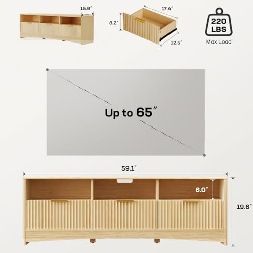 Fluted TV Stand for 65 inch TV, Modern Entertainment Center with Drawers, Boho TV Stands Wood Media Console Cabinet with Storage and Shelves, TV Consoles for Living Room, Bedroom, Oak