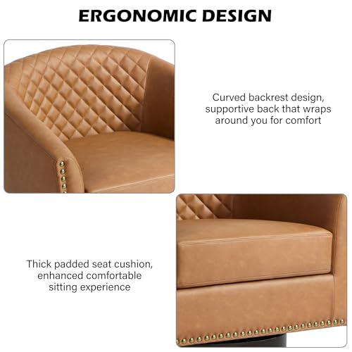 Swivel Barrel Accent Chair, Comfy Modern Upholstered Round Faux Leather Arm Chair for Living Room, Bedroom（Coffee, Set of 2