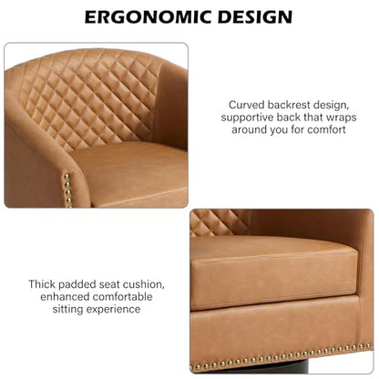 Swivel Barrel Accent Chair, Comfy Modern Upholstered Round Faux Leather Arm Chair for Living Room, Bedroom（Coffee, Set of 2