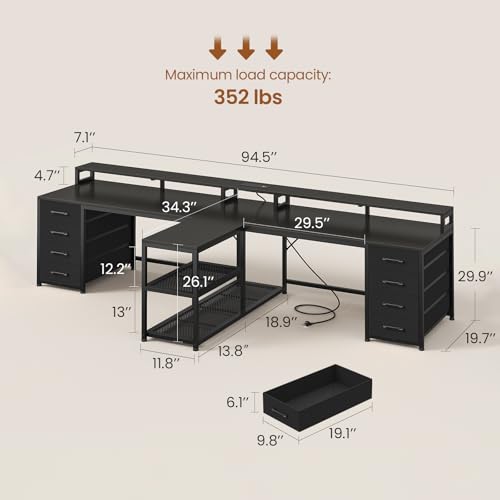 94.5" 2 Person Gaming Desk, Long Office Computer Desk with 8 Drawers & LED Light, Two Person Desk with Storage, Power Strip & Monitor Shelf for Home Office, Black