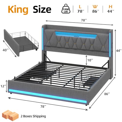 King Size Bed Frame with 4 Drawers, Headboard and Storage, Gray, view 3