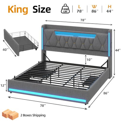 King Size Bed Frame with 4 Drawers, Headboard and Storage, Gray, view 3