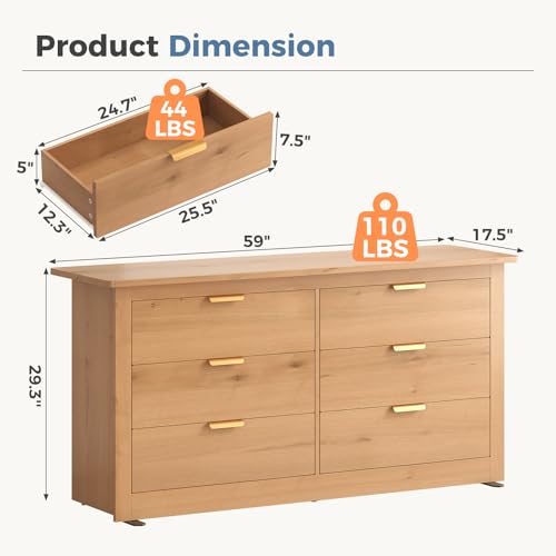 6-Drawer Storage Cabinet, 59" Wide Modern Chest of Drawers, Wood, view 4