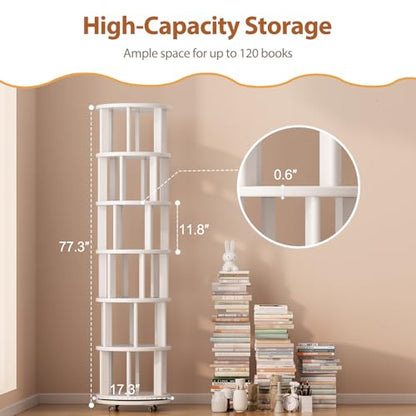 Solid Wood Rotating Bookshelf on Wheels, 6 Tier, Round Revolving Bookcase, 360° Spinning Book Shelf Tower for Kids, Narrow Rolling Bookshelves for Small Space, Corner, Bedroom, Office, White