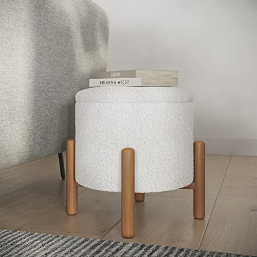 Round Sherpa Storage Ottoman Pouf with Removable Lid – Plush Couch Footrest & Hidden Organizer for Small Spaces, Dorm or Living Room by (White)