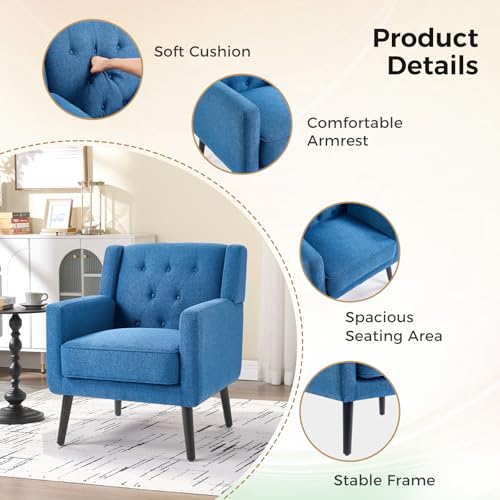 Accent Chair Set of 2, Comfy Reading Chair, Mid Century Modern Chairs, Tufted Upholstered Living Room Chair, Overstuffed Single Sofa Chair for Bedroom Waiting Room, Blue