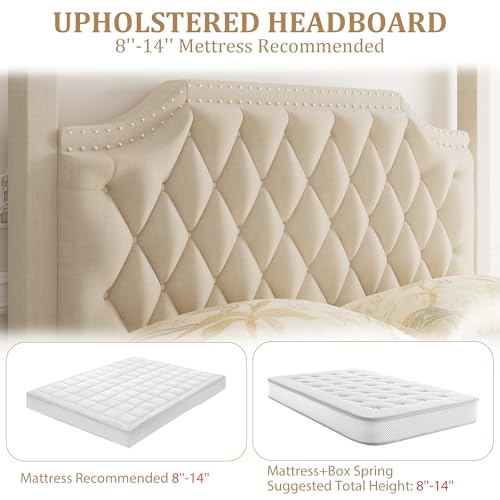 Upholstered Queen Size Bed Frame with Canopy Poles and Headboard, view 5